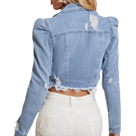 Shein Front Button Raw Hem Crop Denim Jacket in Size XS - Picture 3 of 11